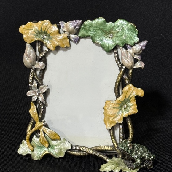 Collette et Cie Ornate Jeweled Flowers & Frog Picture Frame Genuine Crystals - Picture 1 of 8